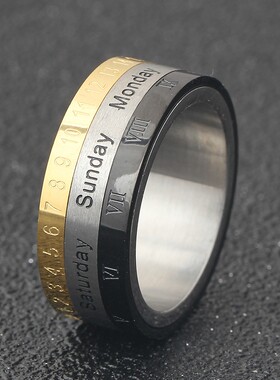 新款欧美钛钢个性日历可转动8MM三色英文罗马阿拉伯数字日期时尚