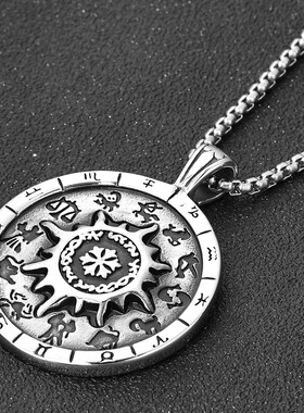 新款欧美百搭复古创意钛钢十二星座罗盘星盘时尚个性师项链男