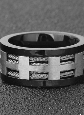 新款厂家 欧美ins不锈钢电缆钢丝10MM间黑戒指指环 男士潮流戒指