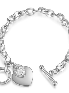 新款欧美亚马逊热卖个性时尚不锈钢OT扣爱心镶钻手链激光Logo刻字