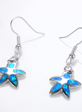 白金欧泊蓝色耳环海星