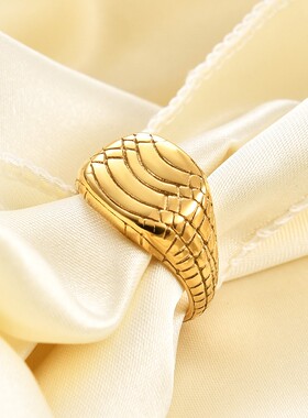 新款欧美跨境ins简约时尚蛇纹路印章不锈钢钛钢戒指18K金指环