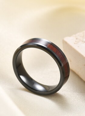 新款欧美ins复古简约6MM黑色木纹戒指情侣简约学生时尚个性百搭女