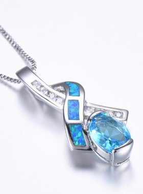 新款跨境澳宝+椭圆形水蓝色钻吊坠项链 40+4CM厂家