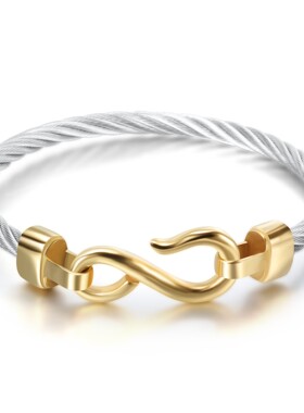 新款欧美跨境简约个性手镯10MM电缆线鱼钩形钛钢不锈钢三色手镯女