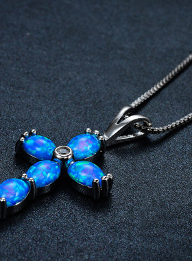 蓝色欧泊项链十字架吊坠新品爆款