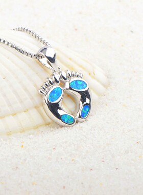 新款项链女热饰品蓝色澳宝小脚丫项链沙滩脚印吊坠毛衣链欧珀项链