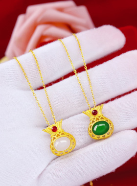 宝石金镶玉古法钱袋现货项链