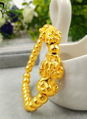 黄铜镀金双貔貅光面男士佛珠手链