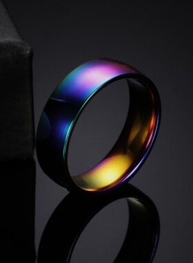 新款跨境欧美个性电镀6MM七彩钛钢戒指不锈钢彩虹戒指时尚指环女