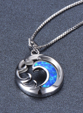 蓝色欧泊光面椭圆形现货吊坠项链