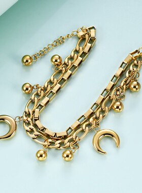 新款欧美亚马逊热月亮圆珠双层古巴链个性ins不锈钢手链热卖