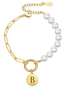 新款欧美仿珍珠别针链拼接不锈钢18K金26个字母个性百搭简约手链