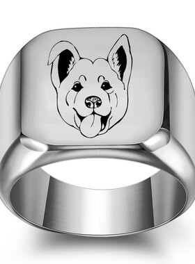 新款欧美跨境创意简约小狗动物狗狗18MM钛钢戒指复古方形圆形指环