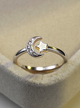 新款跨境时尚S925银白澳宝星星微镶白钻月亮开口女式百搭戒指