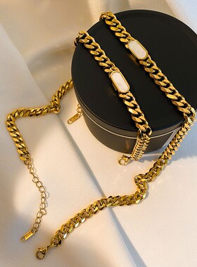 新款欧美7MM不锈钢古巴链手链镶孔雀石钛钢手链18K金时尚百搭手链