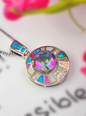 新款项链女欧美时尚饰品彩色澳宝圆形项链圆形吊坠毛衣链欧珀项链