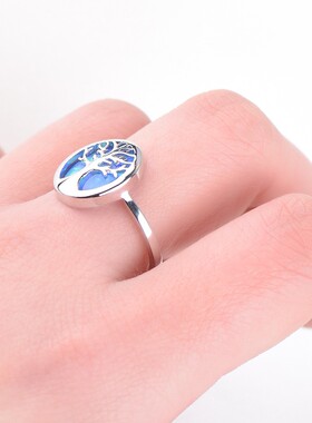 新款跨境配饰白色澳宝生命树圆形戒指欧美指环首饰白金创意戒指