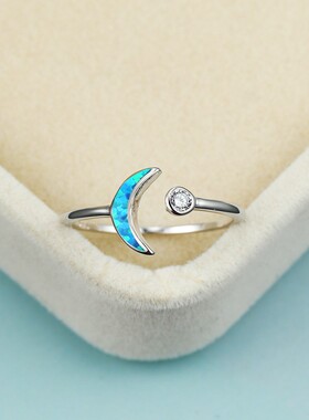新款亚马逊简约ins蓝进口澳宝星月开口戒指精致小巧时尚饰品