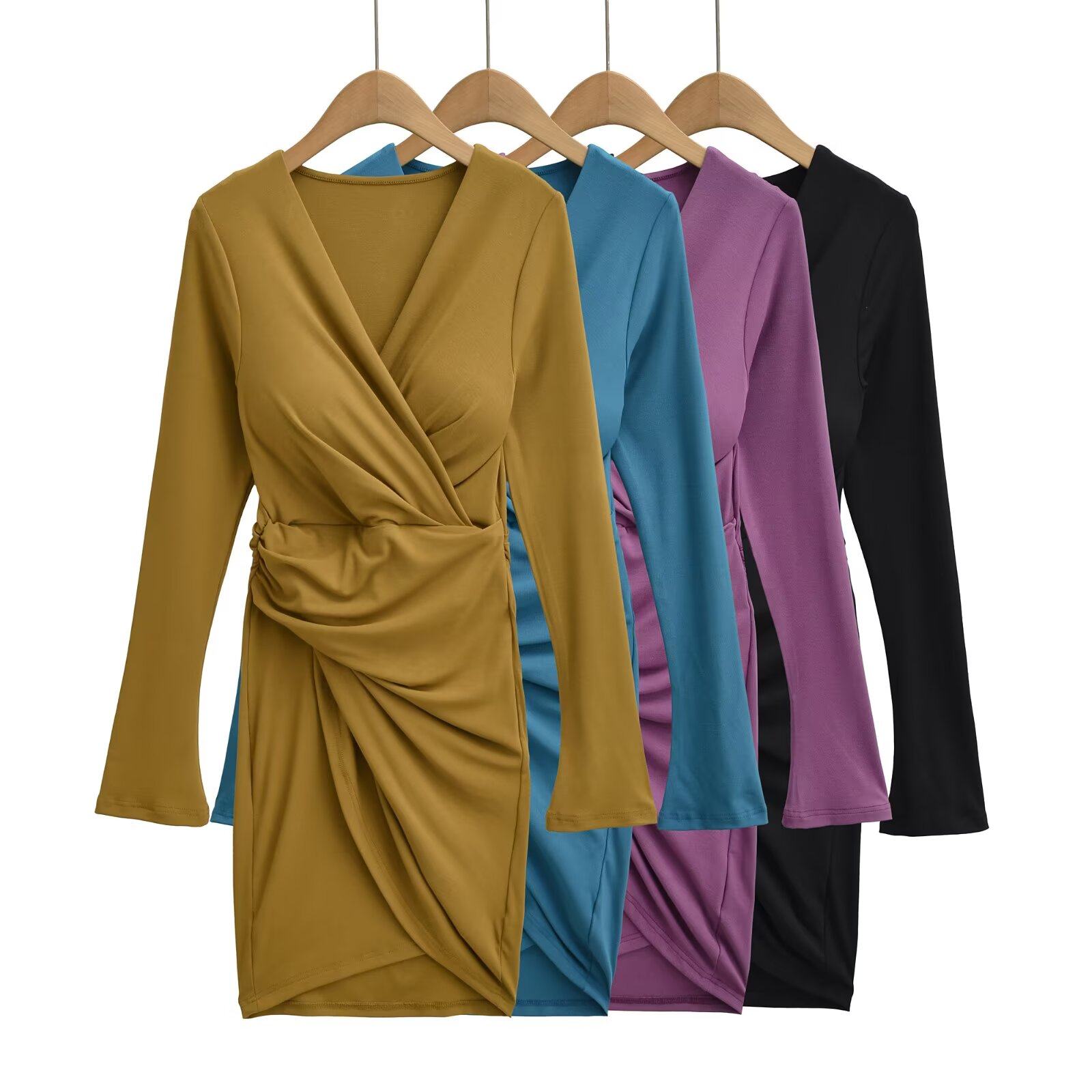 小谷姿春秋交叉V领褶皱长袖不规则带胸垫性感纯欲气质包臀连衣裙,淘宝优惠券,粉丝福利购,淘宝优惠卷