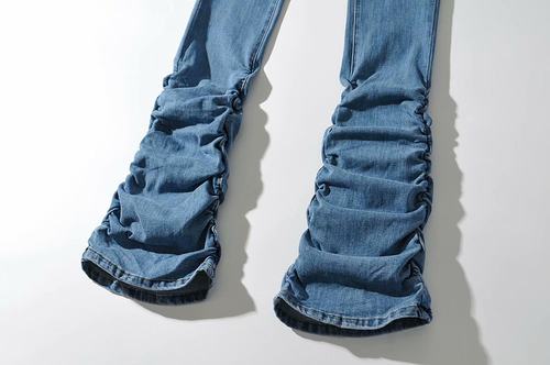 无需拉腿的褶皱牛仔裤辣妹微喇气质拖地长裤时尚街拍显腿长高腰潮 - 图1