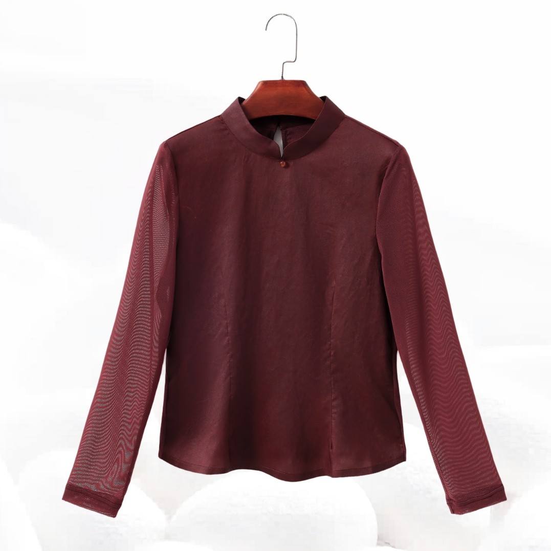 【100%桑蚕丝香云纱立领打底衫】100%桑蚕丝拼蛋白网纱舒适dz025,淘宝优惠券,粉丝福利购,淘宝优惠卷