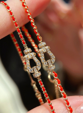 本年马年18k金镶嵌培育钻马蹄扣红绳手链女生日礼物送女友手绳