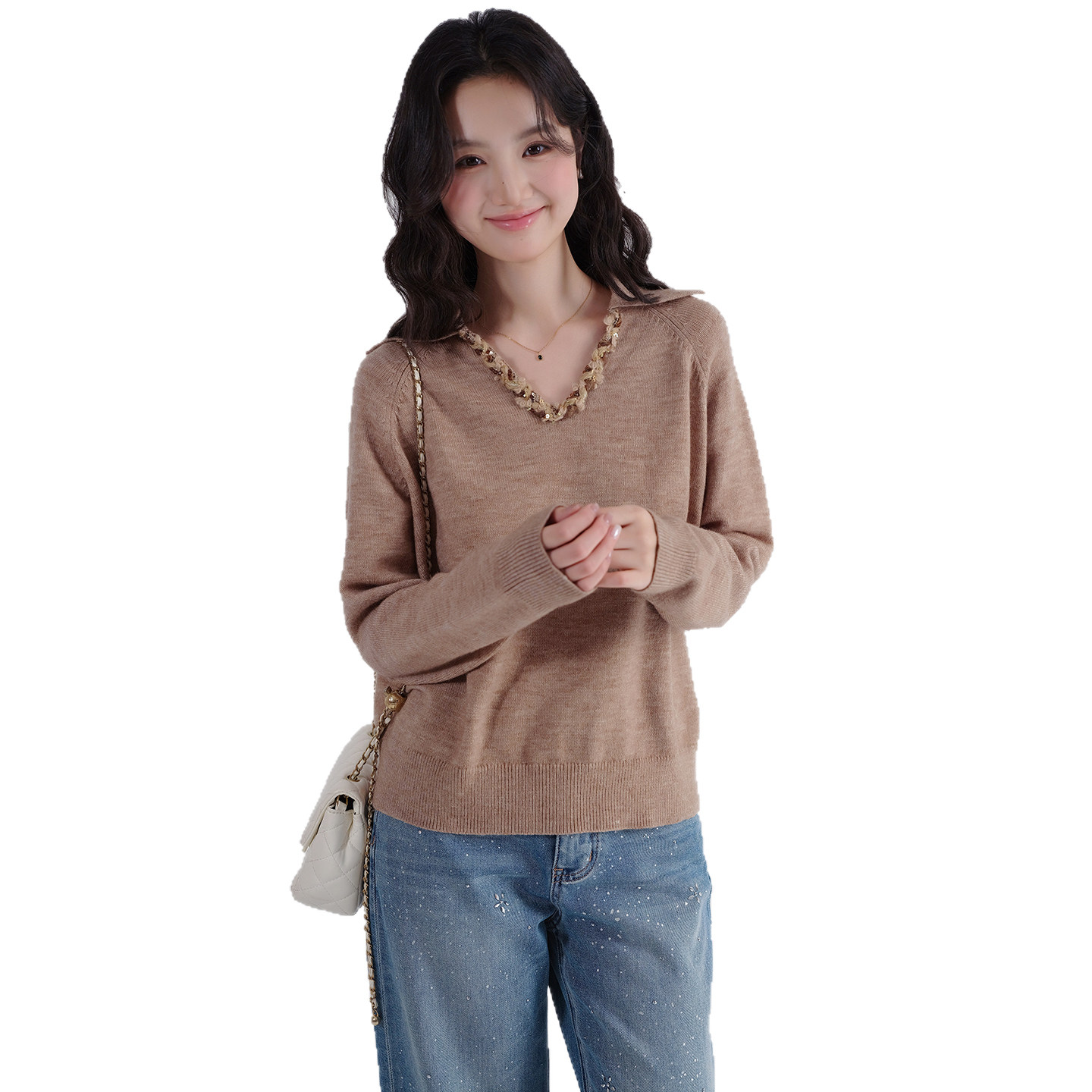 蓝若水大码女装2026春季新款亮片V领针织衫胖mm淑女气质宽松毛衣,淘宝优惠券,粉丝福利购,淘宝优惠卷