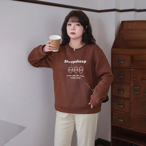 蓝若水大码女装宽松印花加绒卫衣胖MM春季新款巨显瘦休闲遮肚上衣 - 图1