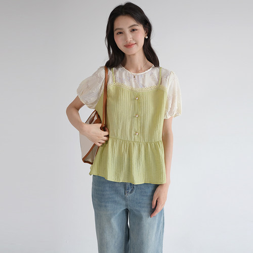 蓝若水大码女装假两件拼接短袖衬衫2026夏装新款甜美洋气显瘦上衣 - 图0