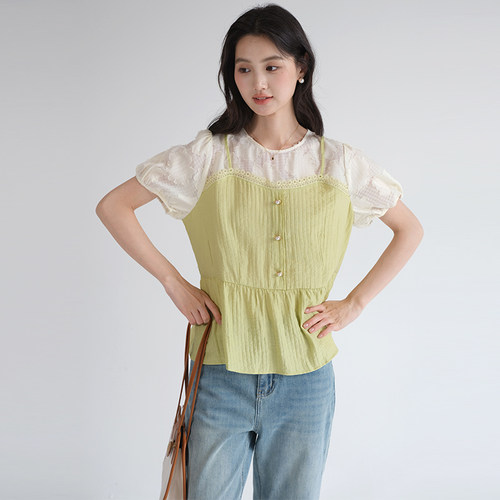 蓝若水大码女装假两件拼接短袖衬衫2026夏装新款甜美洋气显瘦上衣 - 图1