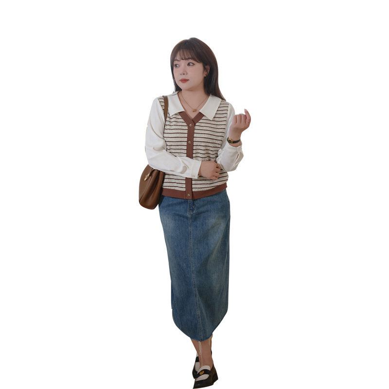 蓝若水大码女装假两件Polo领条纹衬衫胖mm春装新款淑女宽松上衣,淘宝优惠券,粉丝福利购,淘宝优惠卷