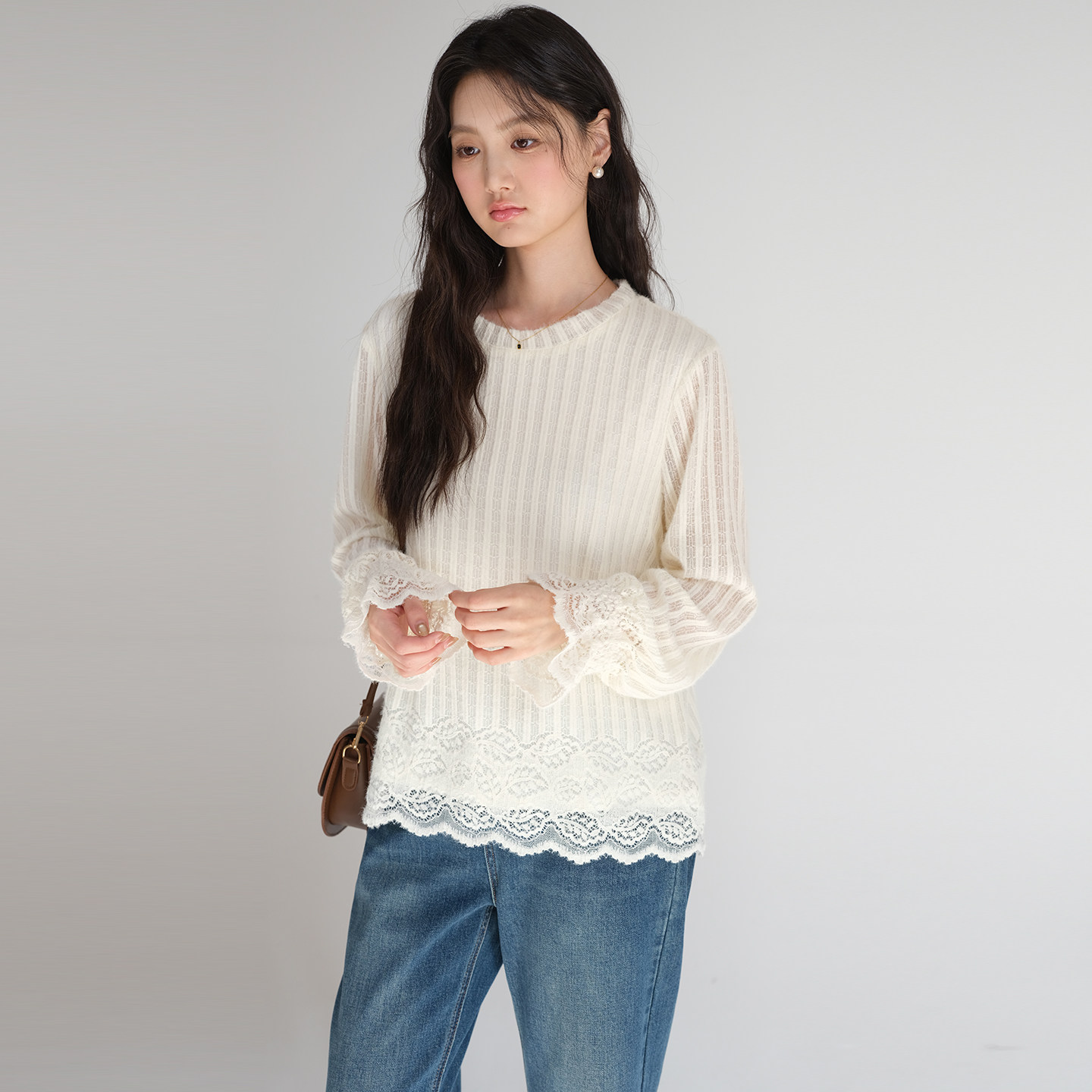 【磨毛肌理感条纹蕾丝衫】蓝若水大码2026春装新款遮肚子宽松上衣,淘宝优惠券,粉丝福利购,淘宝优惠卷