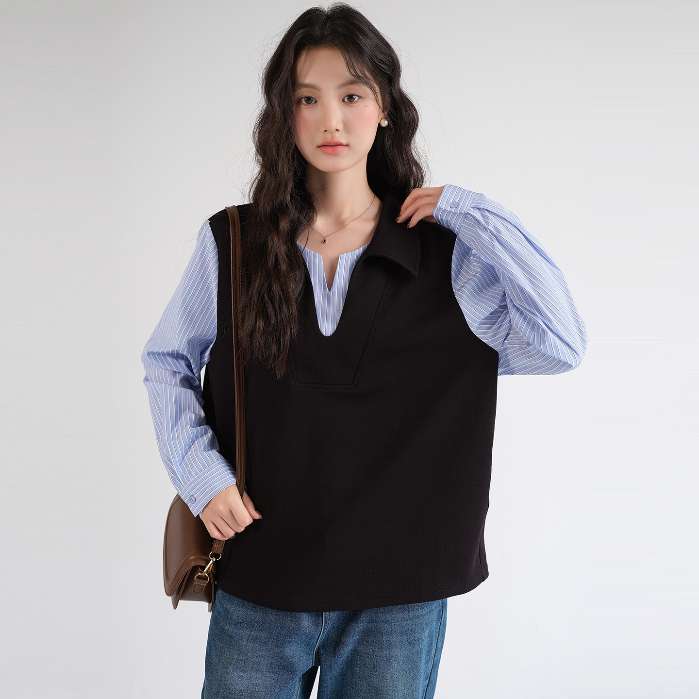 【条纹假两件翻领卫衣】蓝若水大码2026春装新款遮肚宽松韩系上衣,淘宝优惠券,粉丝福利购,淘宝优惠卷