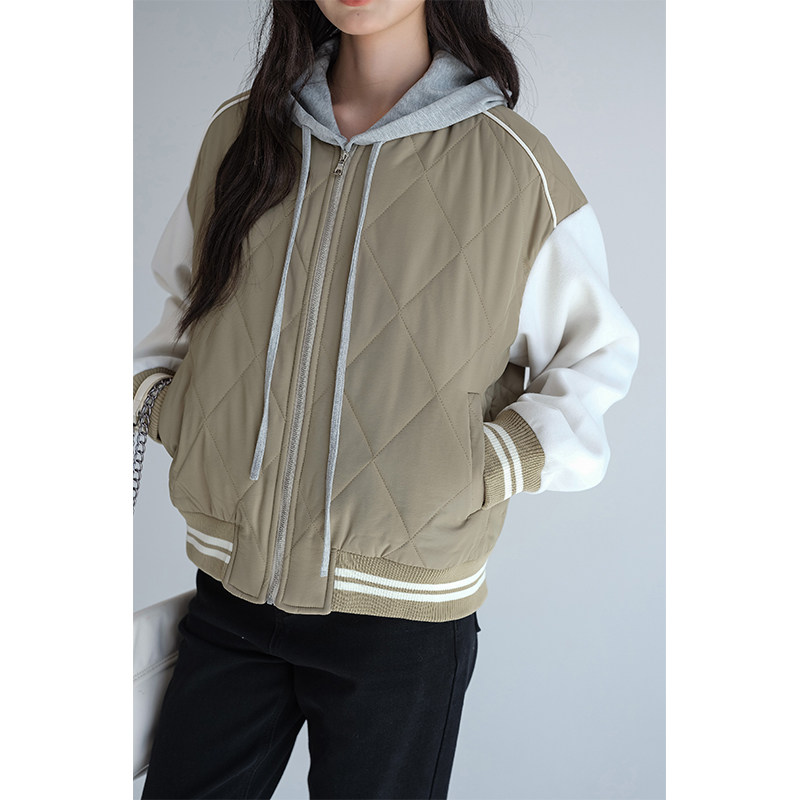 蓝若水大码女装撞色拼接保暖菱格棉衣胖mm冬季新款学院风短款外套,淘宝优惠券,粉丝福利购,淘宝优惠卷