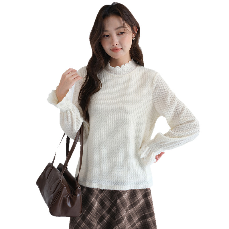 【显瘦竖条纹磨毛蕾丝衫】蓝若水大码2026春装新款高级感内搭上衣,淘宝优惠券,粉丝福利购,淘宝优惠卷