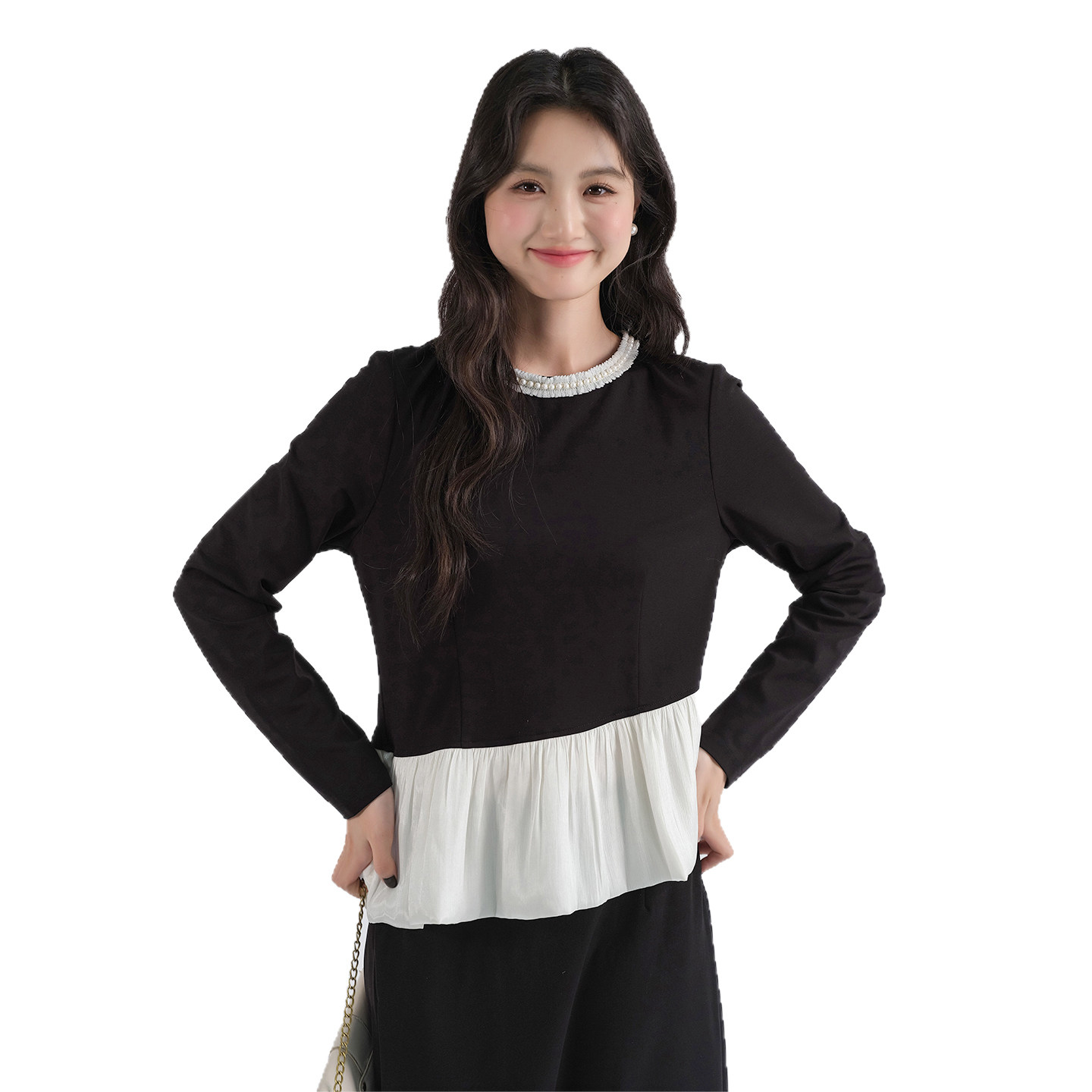 蓝若水大码女装2026春新款钉珠圆领撞色针织T恤胖mm收腰显瘦上衣,淘宝优惠券,粉丝福利购,淘宝优惠卷