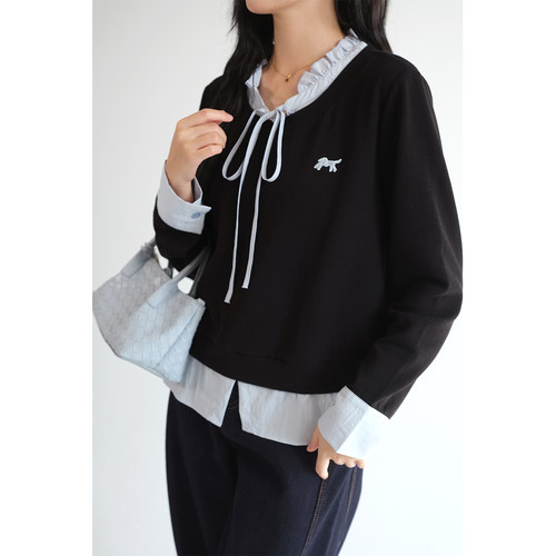 【减龄学院风假两件衬衫】蓝若水大码2026春装新款木耳边系带上衣 - 图1