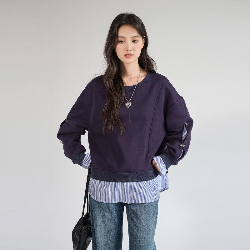 蓝若水大码女装条纹拼接假两件卫衣胖mm春装新款别致宽松加绒上衣,淘宝优惠券,粉丝福利购,淘宝优惠卷