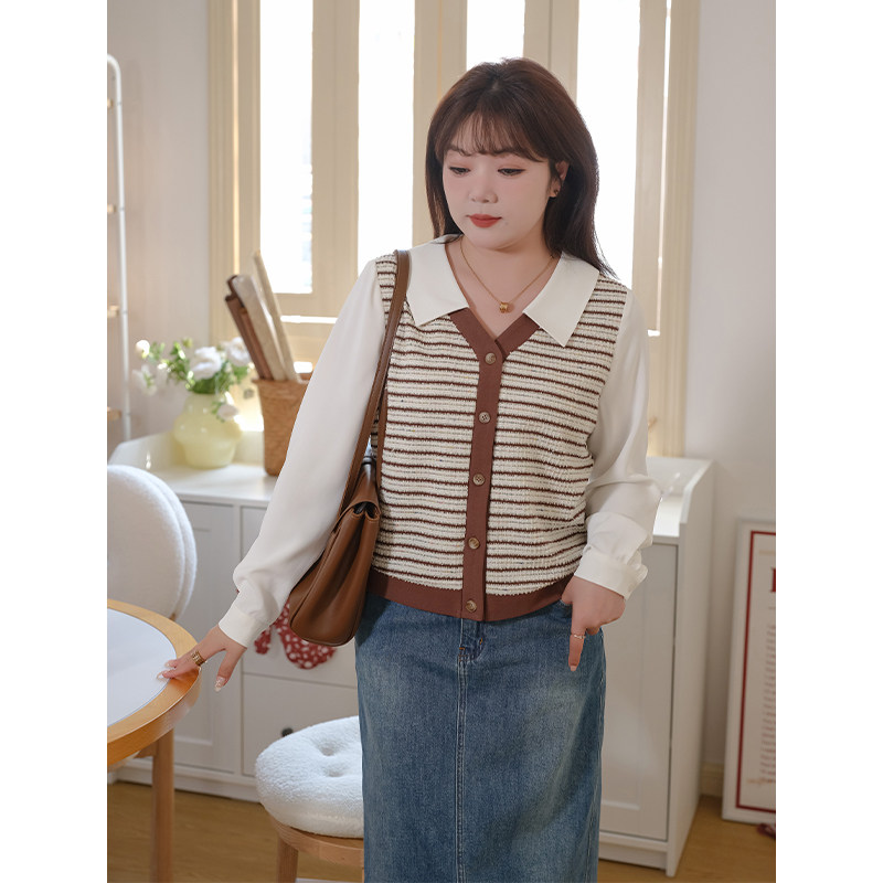 蓝若水大码女装假两件Polo领条纹衬衫胖mm春装新款淑女宽松上衣,淘宝优惠券,粉丝福利购,淘宝优惠卷
