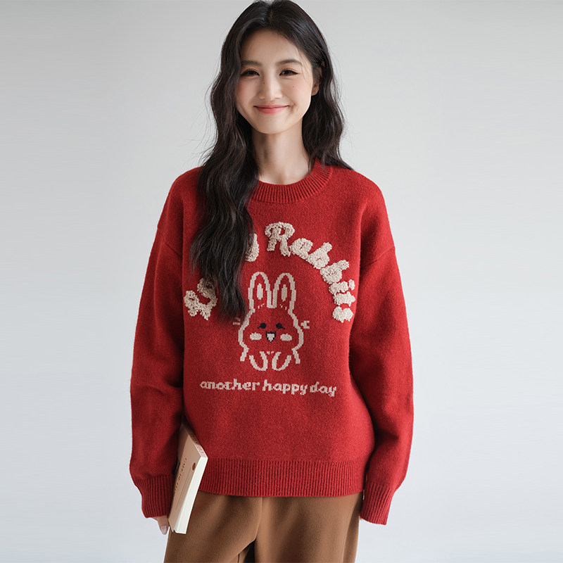 蓝若水大码女装复古红毛巾针织衫2026春新款宽松慵懒打底套头毛衣,淘宝优惠券,粉丝福利购,淘宝优惠卷