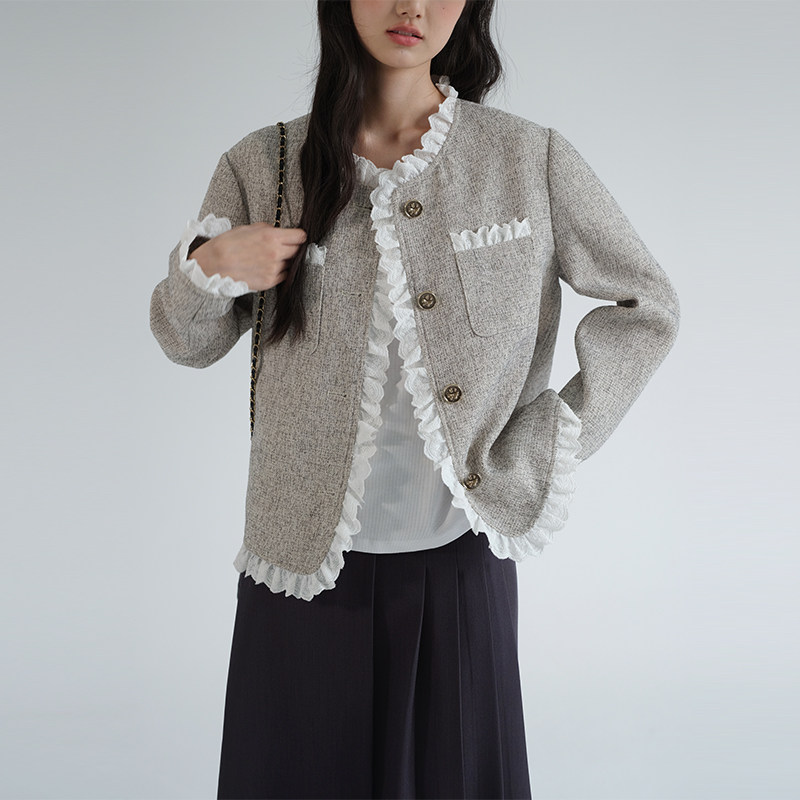 蓝若水大码女装蕾丝边小香风外套胖mm春装新款名媛气质粗纺上衣,淘宝优惠券,粉丝福利购,淘宝优惠卷