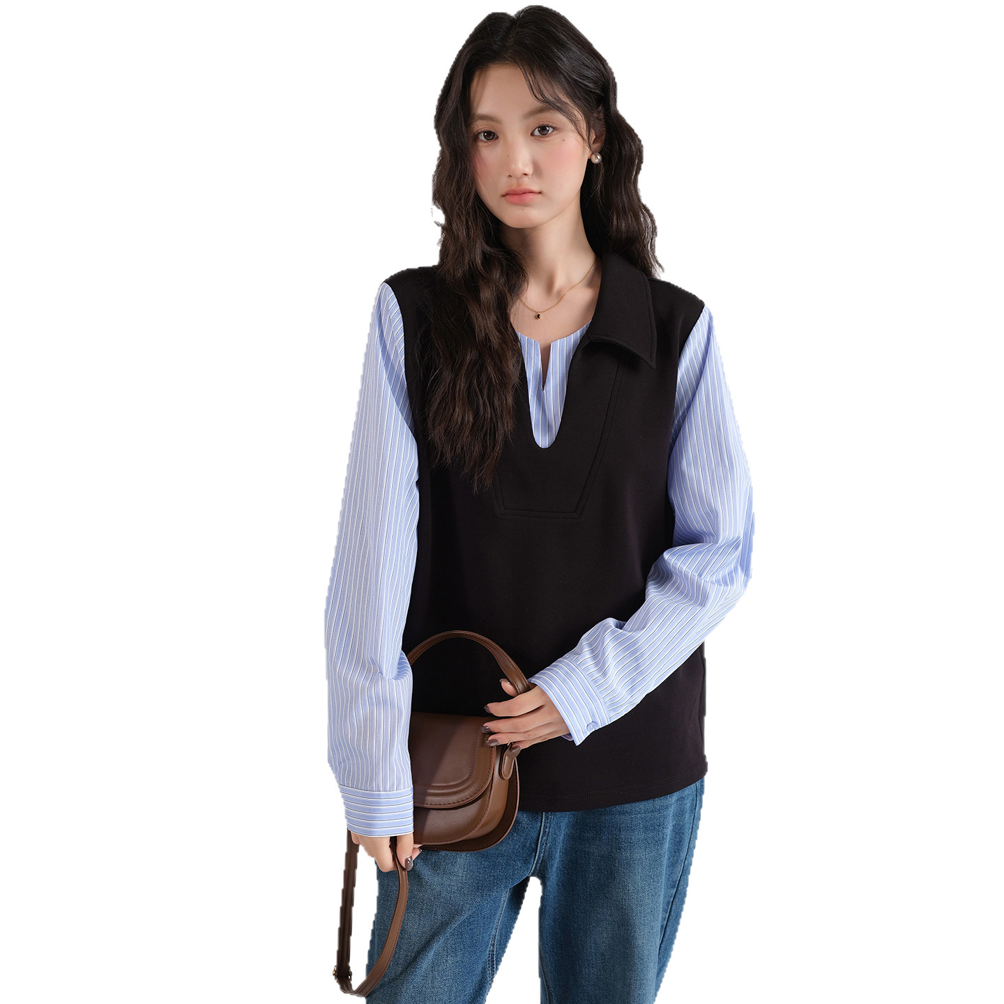 【条纹假两件翻领卫衣】蓝若水大码2026春装新款遮肚宽松韩系上衣,淘宝优惠券,粉丝福利购,淘宝优惠卷
