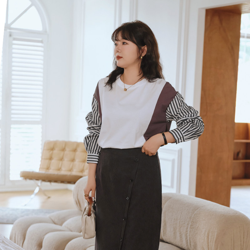 蓝若水大码女装条纹衬衫拼接卫衣胖MM2026春装新款洋气巨显瘦上衣,淘宝优惠券,粉丝福利购,淘宝优惠卷