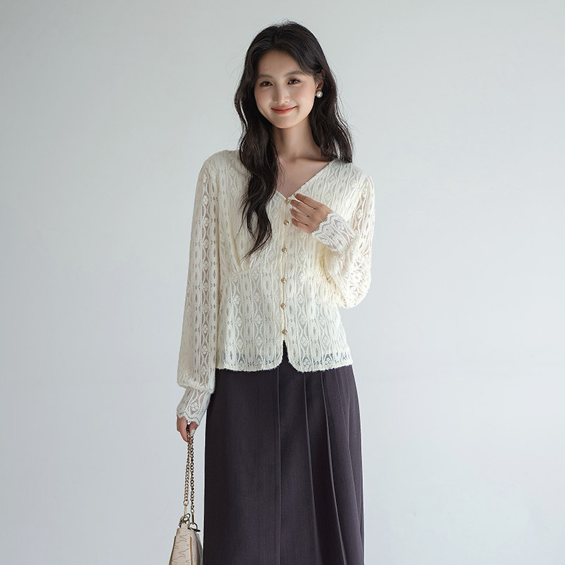 蓝若水大码女装洋气v领磨毛蕾丝衬衫微胖mm春装收腰显瘦长袖上衣,淘宝优惠券,粉丝福利购,淘宝优惠卷