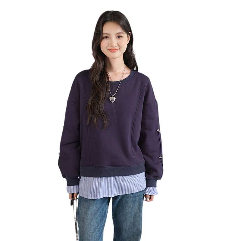 蓝若水大码女装条纹拼接假两件卫衣胖mm春装新款别致宽松加绒上衣,淘宝优惠券,粉丝福利购,淘宝优惠卷