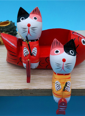 木质招财小猫咪置物架渔船