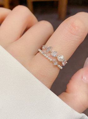 日韩时尚简约设计感镶钻珍珠双层开口戒个性轻奢百搭食指戒配饰品
