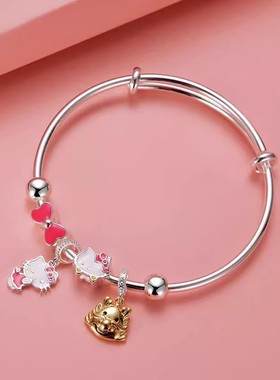 999纯银手镯女公主kitty凯蒂猫儿童小孩十二生肖卡通手环银镯子