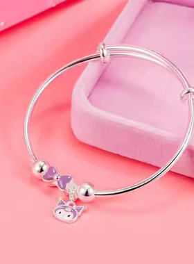 999纯银手镯女公主kitty美乐蒂儿童小孩宝宝实心推拉日韩版银镯子